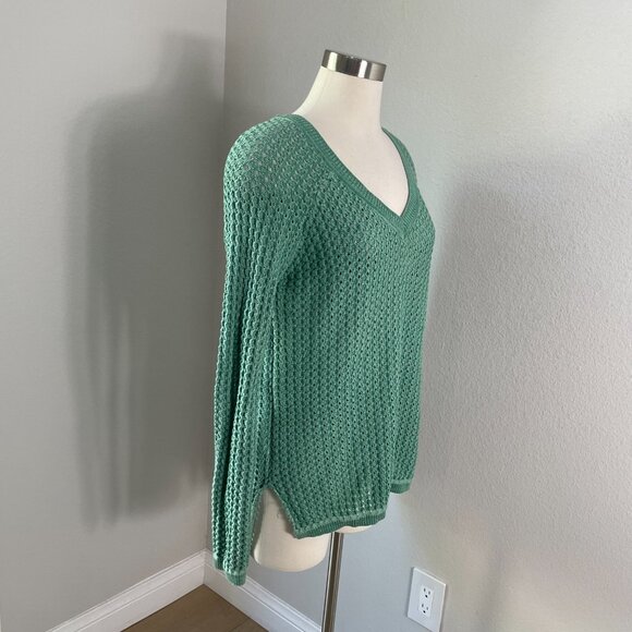 BCBGMAXAZRIA Large Dusty Jade Green KENT V Neck Sweater Open Knit Pullover - Picture 4 of 15